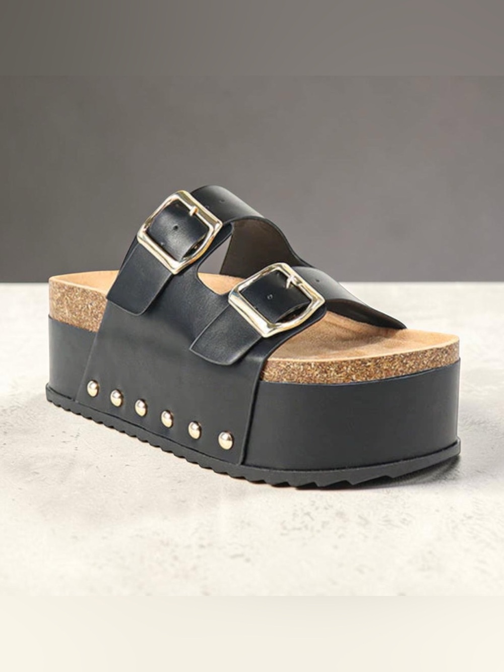 BAMBOO Blowout Black Platform Double Buckle Slide Sandals